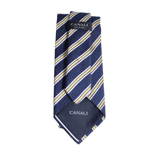 CANALI Repp Tie 100% Silk - Navy Blue, Yellow & White Diagonal Stripes - Picture 2 of 3